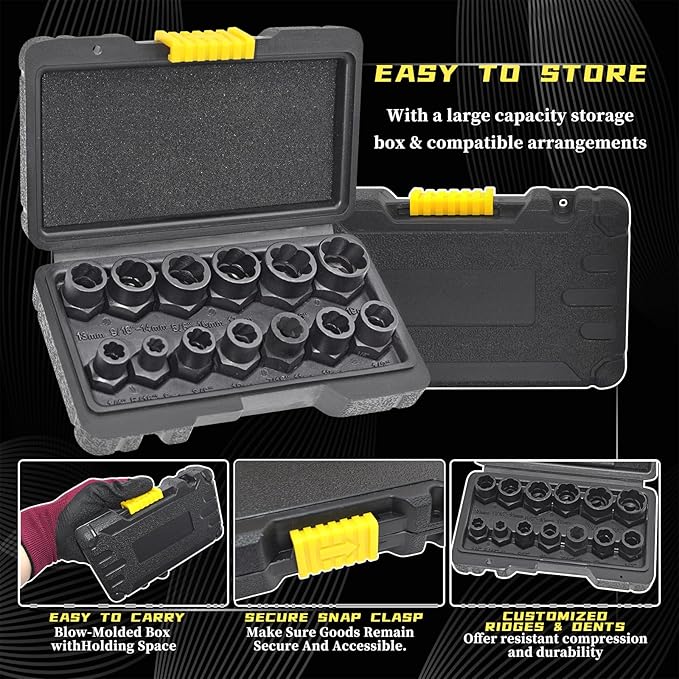 14 Pcs Bolt Nut Extractor Set with Knockout Bar, 3/8" Drive Wheel Lock Removal Kit for Extracting Damaged, Stripped Frozen Nuts & Screws Twist Socket Set, Impact Lug Nut Remover Socket Tool