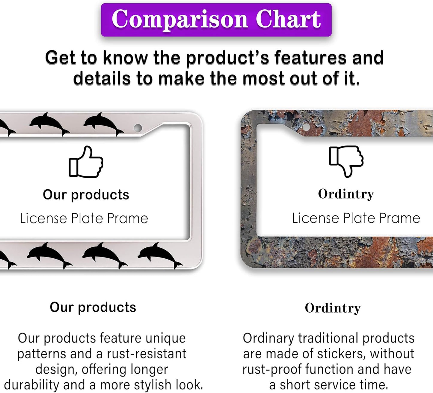 License Plate Frames for Women Black and White License Plate Protector for Men Dolphin Universal Aluminum Car Accessory 2 Pack with Screw Covers Set