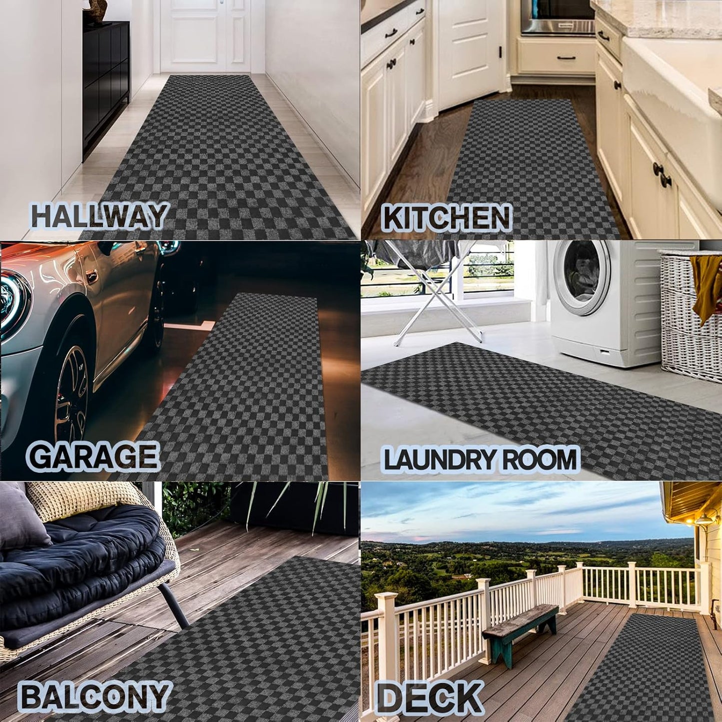 Custom Size Backed Non-Slip Area Rugs Runner, Easy Clean, Waterproof Runner Rugs for Hallway Entryway, Kitchen, Laundry, 2FT x 59FT, Gray Checkered