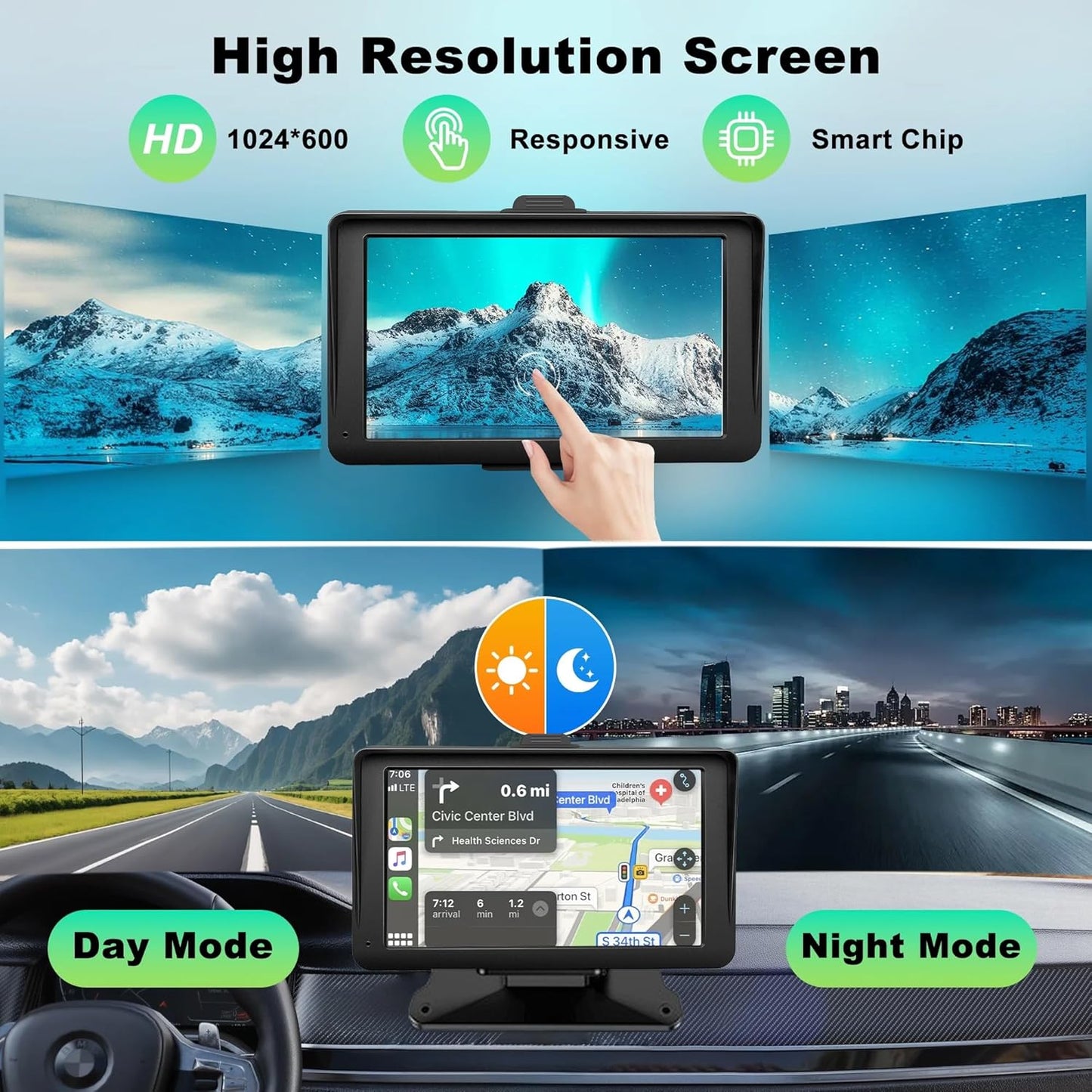 Apple Carplay Screen for Car, 7" HD Portable Wireless Touch Screen for Apple Carplay & Android Auto, with 1080P Backup Camera, Car Play Tablet, GPS Navigation/Mirror Link/Bluetooth/FM/Voice Control