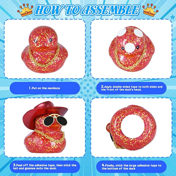 BOZILY Glitter Rubber Ducks Red Rubber Duck with Red Denim Cowboy Hat & Diamond Glasses - Stress Relieving Duck Car Accessories for Dashboard, Office, Home Decor - Unique Gifts for Adults