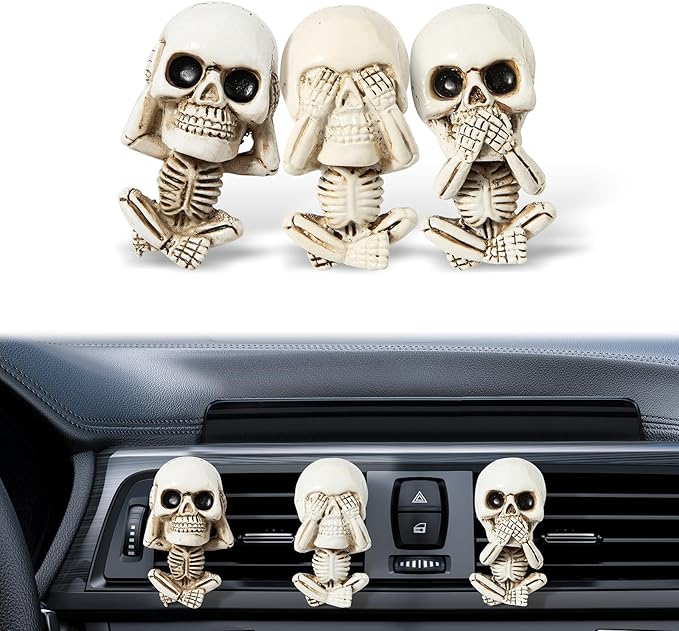 Skull Decor Halloween Car Air Freshener Vent Clips, Goth Decor Interior, Gothic Cool Decoration Horror Skeleton Dashboard Accessories Spooky, Cute Funny Gifts for Men Women