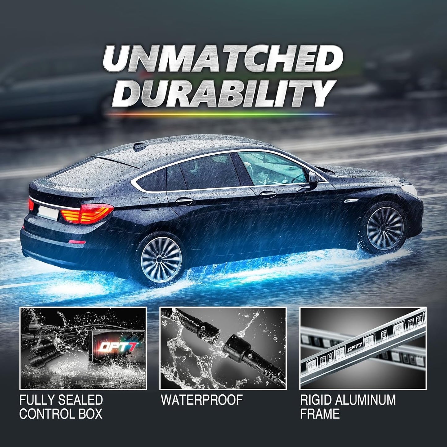 OPT7 Aura Pro Underglow LED Lights Kit for Car with APP & Remote Control, RGB Multicolor Modes, Music Sync, Waterproof Rigid Aluminum Light Bar, Exterior Neon Accent Underbody Lighting Kit