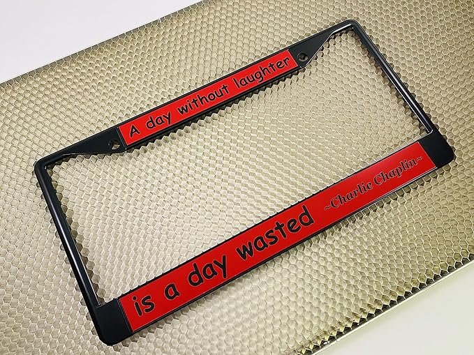 Custom Personalized Black Powder-Coated Metal Laser Engraved Standard Size - Car/Automobile License Plate Frame with Free caps - Red/Black Text (Qty: 1 Frame)