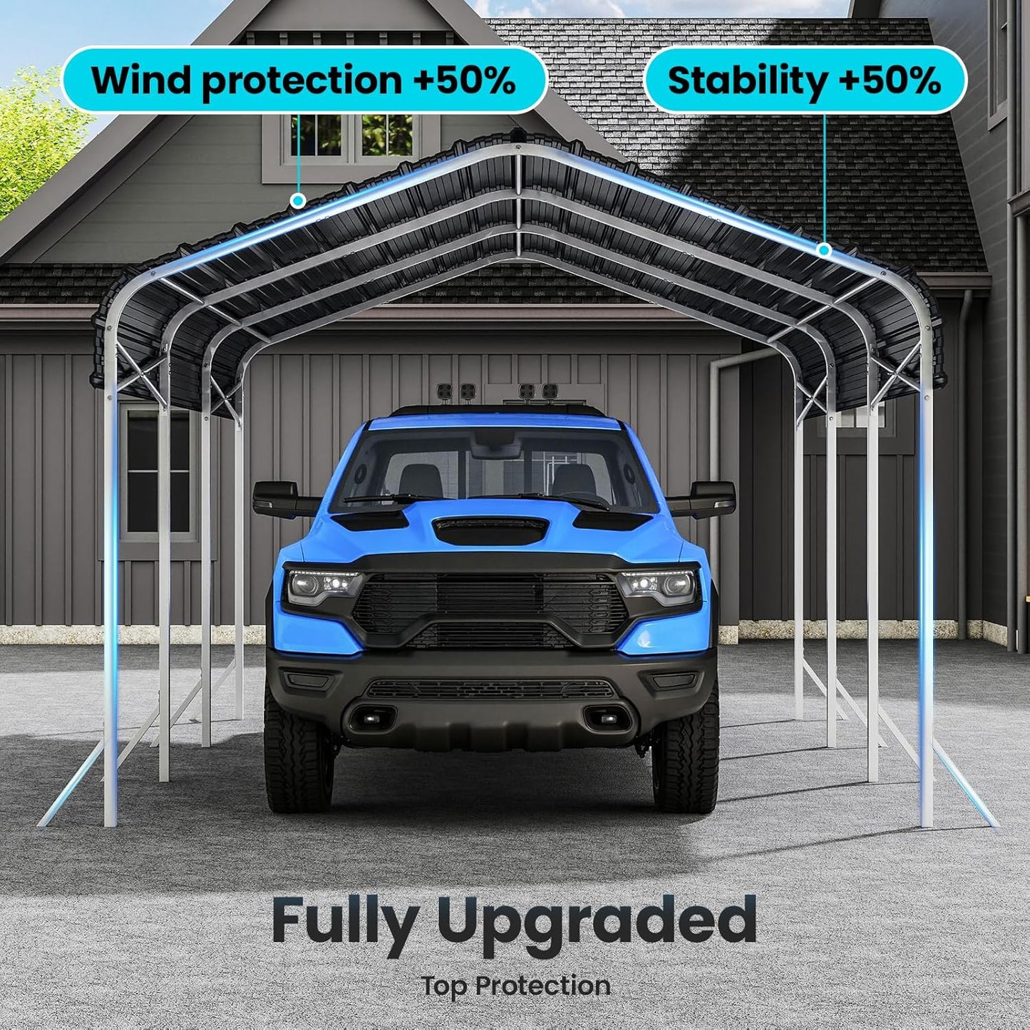 10x15ft Heavy Duty Metal Carport – Outdoor Galvanized Garage, Sturdy Structure, All-Weather Protection, Easy Assembly for Cars, Trucks, Boats, Tractors, and Outdoor Storage (Grey, 10x15FT)