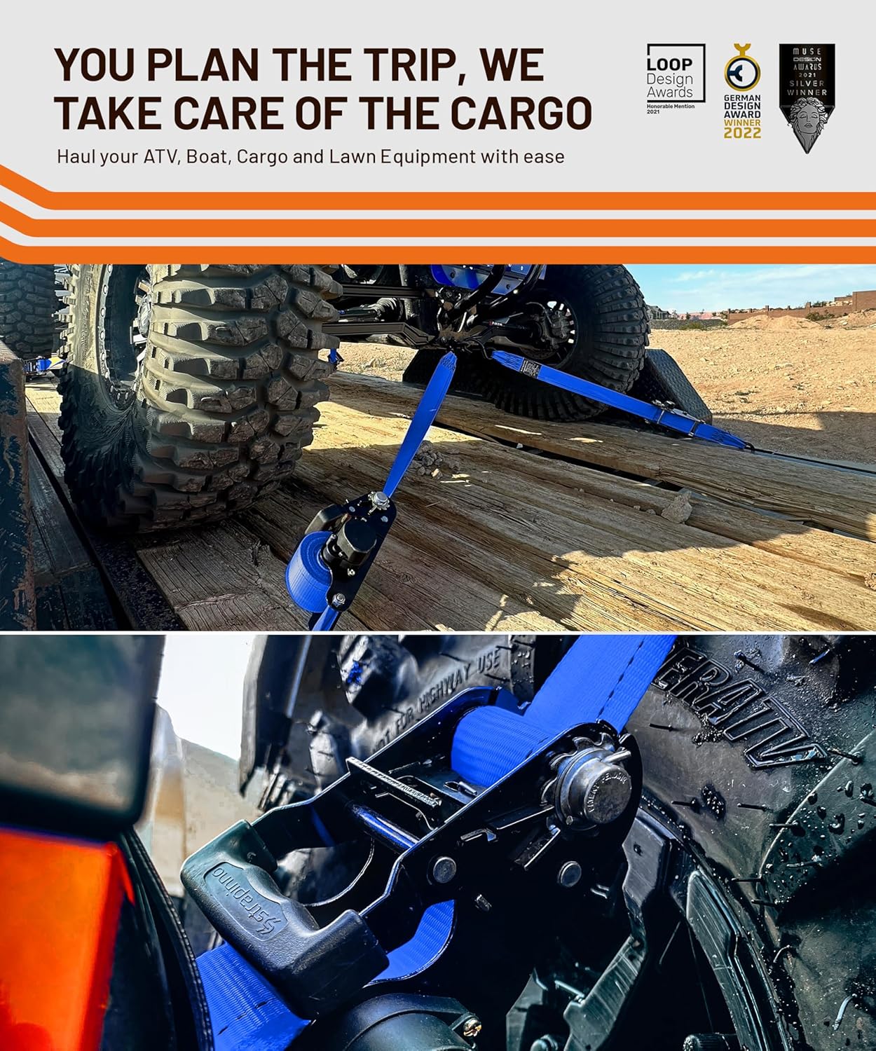 Strapinno 2PCs Retractable Ratchet Tie-Down Straps,5,000 lbs Breaking Strength- 2 in x 12 ft Heavy Duty Ratchet Strap with Safety Lock S Hooks for Motorcycles, ATVs, UTVs, Lawn Equipment & Cargo -Blue