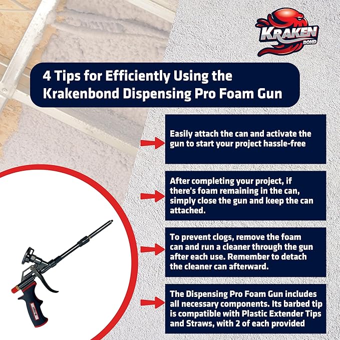 Kraken Bond PRO Insulation Foam Gun - 1 Pack - Non-Stick Teflon Coated, 360° Swivel Tip - High Precision for Insulation and Sealing - Ideal for Contractors and DIY Enthusiasts