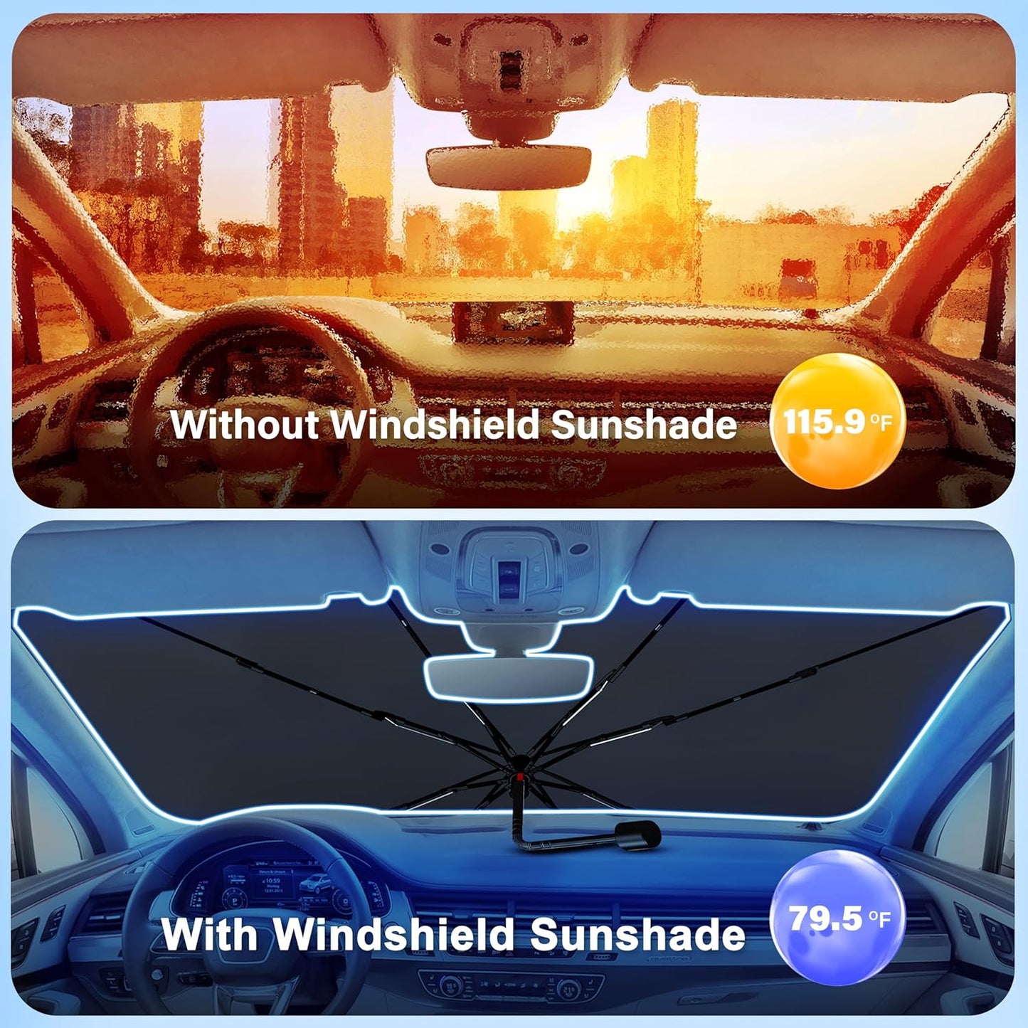 EcoNour Car Windshield Sunshade Umbrella | Foldable Car Umbrella Sun Shade Cover | Front Windshield Shade for Heat and UV Rays Protection | 240T Polyester Umbrella Sunshade | Large (57"x35")