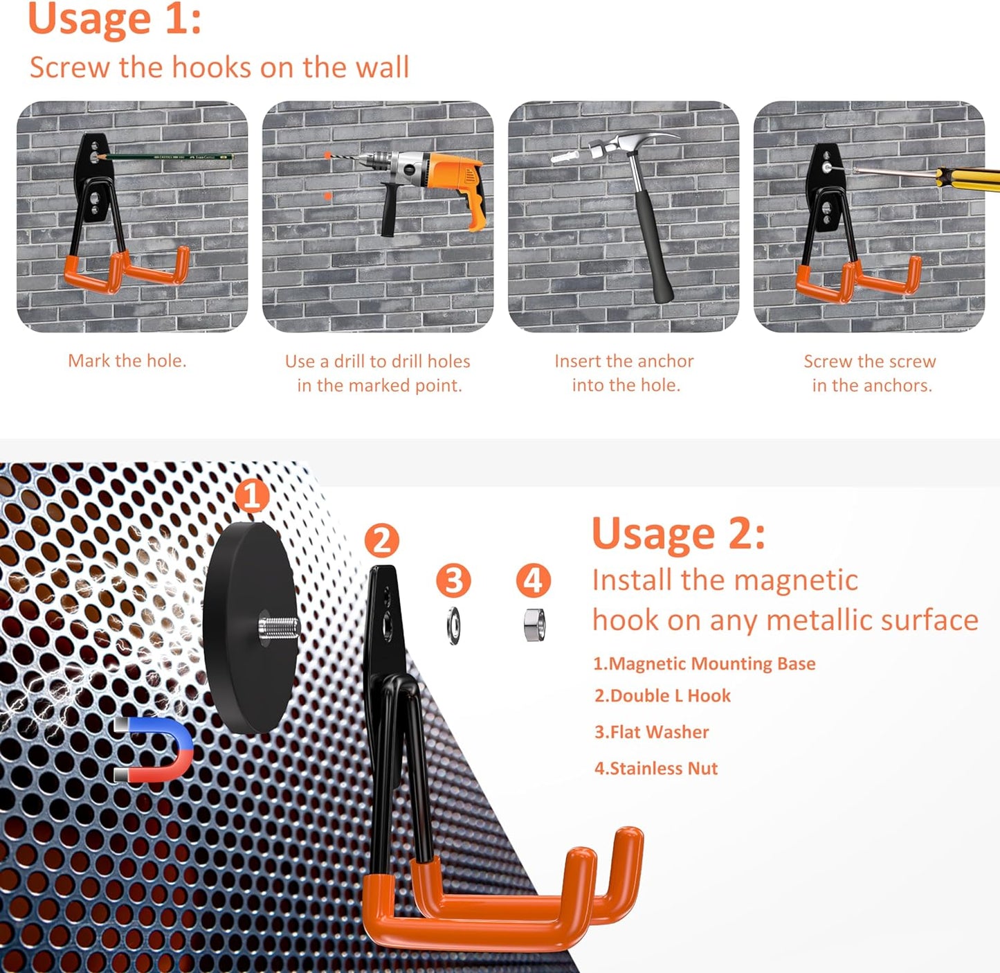 ENUODA Strong Magnetic Hooks Heavy Duty - Magnetic Tool Holder Utility Neodymium Magnet Hooks for Hanging Bag, Coat, Power Tool, Toolbox, Shovel, Broom, Mop, Container, Van, Cabinet, Pegboard, 2 Pack