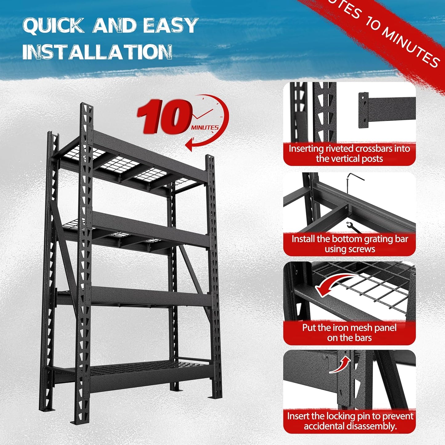 MUPATER 4-Tier Garage Shelving, 9000 LBS Heavy Duty Metal Storage Shelves, Adjustable Storage Wire Shelving Unit for Basement, Warehouse, Industrial