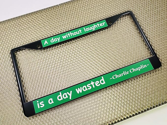 Custom Personalized Black Powder-Coated Metal Laser Engraved Standard Size - Car/Automobile License Plate Frame with Free caps - Green/White Text (Qty: 1 Frame)