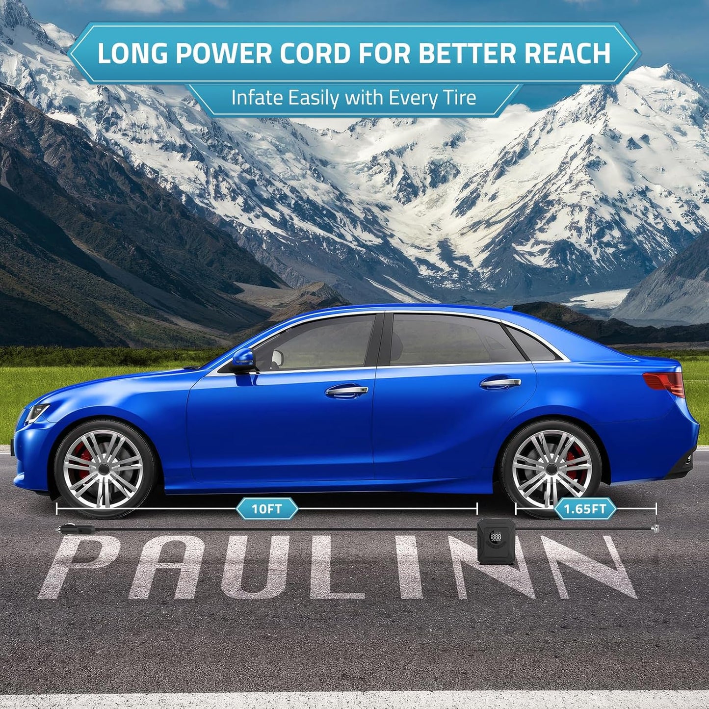 PAULINN Tire Inflator Air Compressor 12V DC Portable Air Pump 150 PSI for Car Tires, Auto Tire Pump with Digital Pressure Gauge, Auto Shutoff & LED Light for Cars, Motorcycles, Bikes & Balls, Black