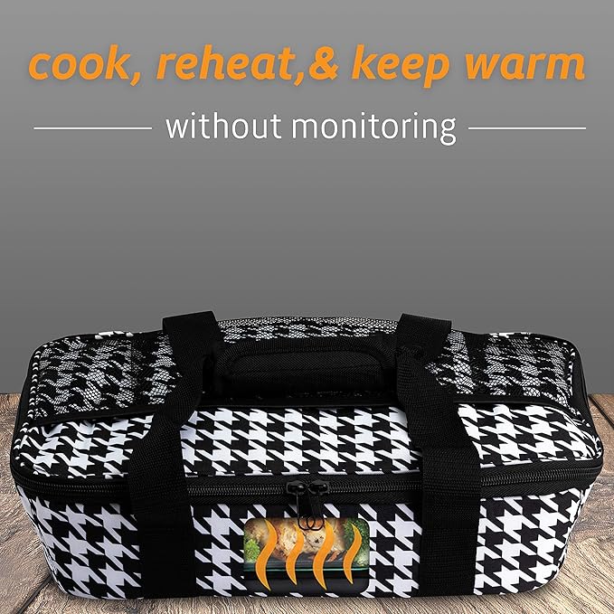 HOTLOGIC Max Large Portable Electric Food Heater - Innovative Food Warmer and Heated Lunch Box for Adults Car/Home - Easily Cook, Reheat, and Keep Your Food Warm - HOUNDSTOOTH - 120V