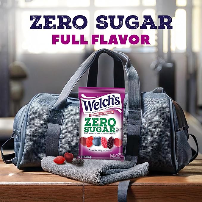 Welch's Zero Sugar Fruity Bites, Berries 'n Cherries Snack Box, Gluten Free & Sugar Free Snacks, 3oz Snack Packs (Pack of 6)