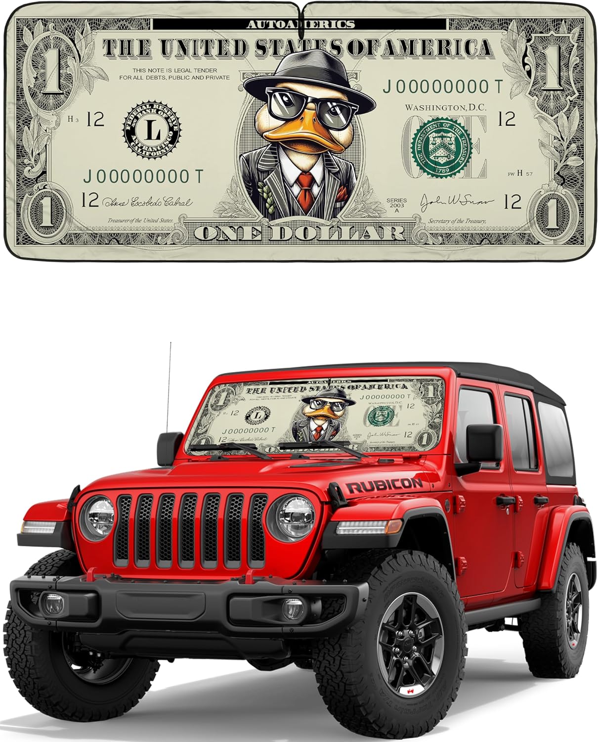 Autoamerics JeepWrangler Dollar Duck 1-Piece Windshield Sun Shade Foldable Car Front Window Sunshade - Best Heat Shield Reflector Cover - Blocks Max UV Rays & Keeps Your Vehicle Cool