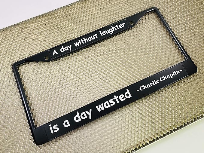 Custom Personalized Black Powder-Coated Metal Laser Engraved Standard Size - Car/Automobile License Plate Frame with Free caps - Black/White Text (Qty: 1 Frame)