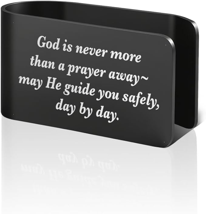 God is Never More Than A Prayer Away Black Engraved Stainless Steel Car Visor Clip, Religious Visor Clips for Cars, New Driver Gifts, Safety Prayer Thank You Gifts for Dad Mom Family Friend