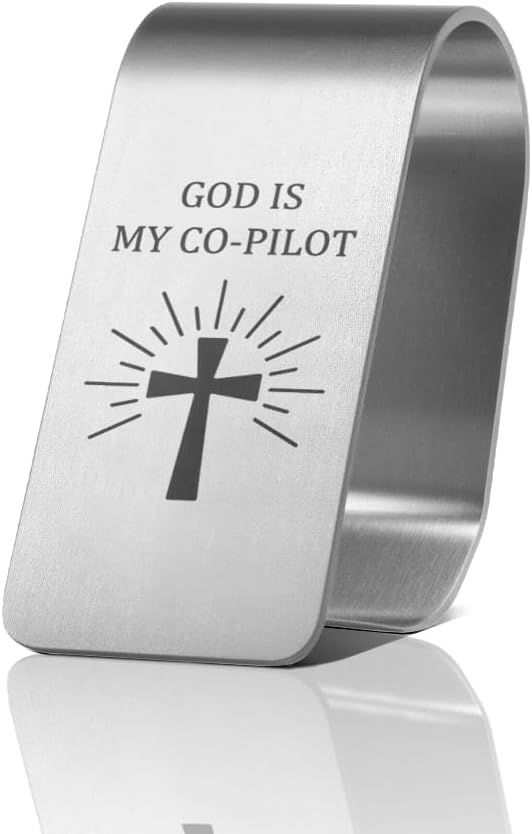 God is My Co-Pilot Funny Jesus Quote Engraved Stainless Steel Car Visor Clip, Reminder to Stay Safe, Travels Visor Car Accessories, Drive Safe Gifts for Family Friend, New Driver Gifts