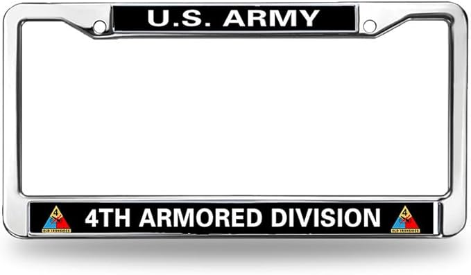 US Army 4TH Armored Division Metal License Plate Frame Chrome,Veteran US Army Chrome License Plate Frame Tag Universal to fit All US License