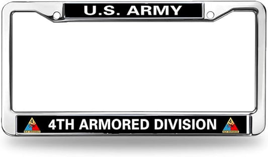 US Army 4TH Armored Division Metal License Plate Frame Chrome,Veteran US Army Chrome License Plate Frame Tag Universal to fit All US License