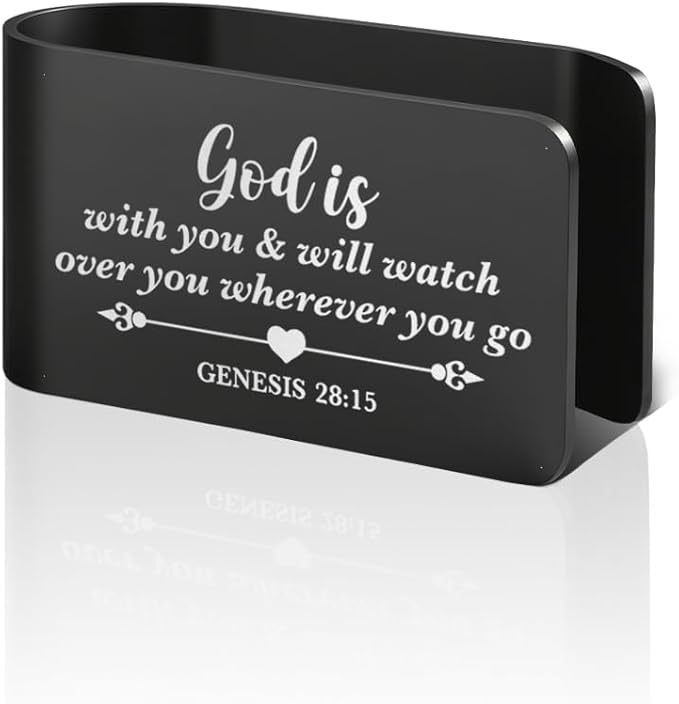 God is with You and Will Watch Over You Wherever You Go Black Engraved Stainless Steel Car Visor Clip, Genesis 28:15, Sun Visor Clip for Safe Driving, Religious Gifts for Family Friend Driver