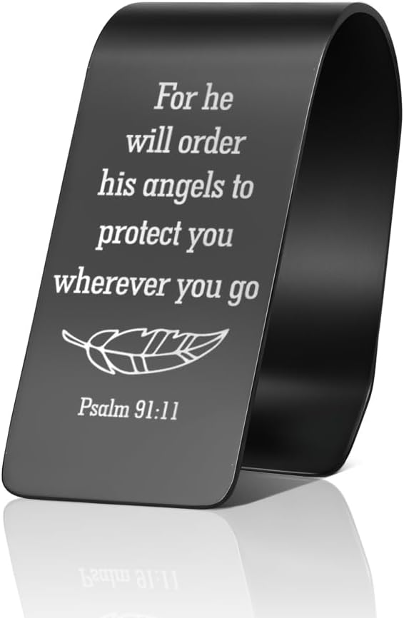 for He Will Order His Angels to Protect You Black Engraved Stainless Steel Car Visor Clip, Psalm 91:11, Guardian Angel Visor Clips for Cars, Safe Driving Gifts for Family Friend