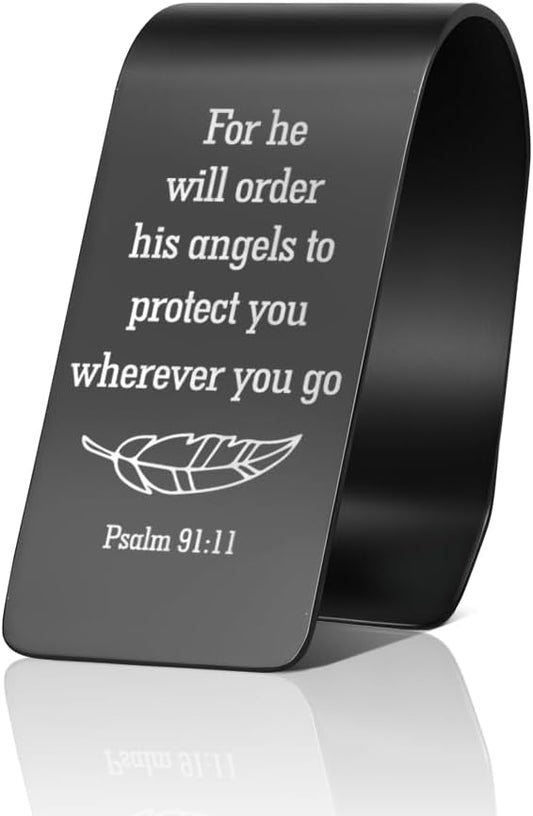 for He Will Order His Angels to Protect You Black Engraved Stainless Steel Car Visor Clip, Psalm 91:11, Guardian Angel Visor Clips for Cars, Safe Driving Gifts for Family Friend