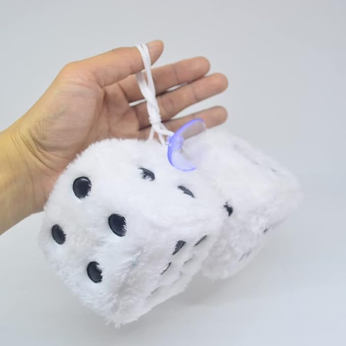 Fuzzy Plush Dice for Car Mirror, Pair of Retro 3” Light Blue Dice with Black Dots for Car Interior Hanging Ornament Decoration