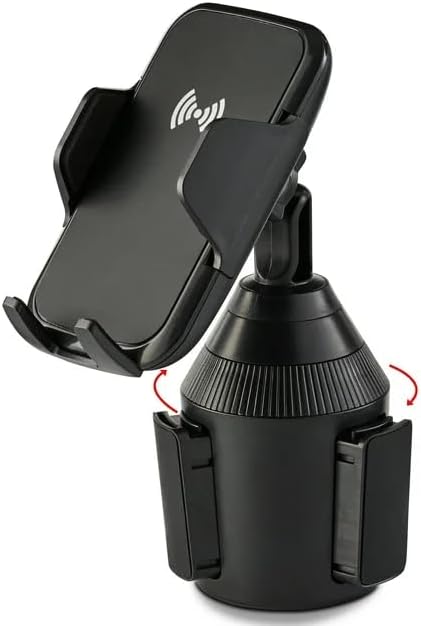 Cup Holder Phone Mount with Wireless Charger, Multi-Angle Rotation, Quick-Push Release Button, Lightweight