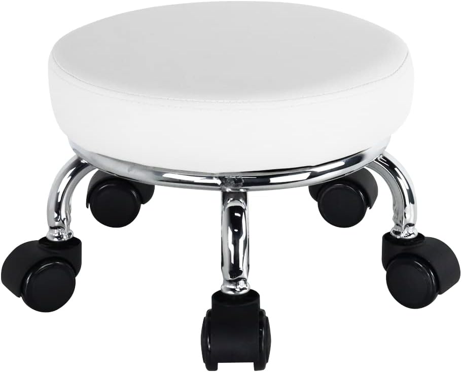 Modern Roller Seat PU Leather Low Round Rolling Stool 360 Swivel Small Stool with Universal Caster Wheels for Home Office Garage Shop Fitness Sport H8.6" (White)