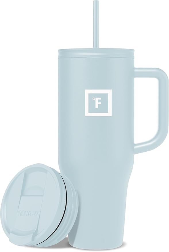 IRON °FLASK Co-Pilot Insulated Mug w/Straw & Flip Cap Lids - Cup Holder Bottle for Hot, Cold Drink - Leak-Proof - Water, Coffee Portable Travel Mug - A Morning Mist, 40 Oz