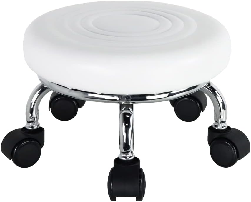 Modern PU Leather Low Round Rolling Stool - 360 Swivel with Universal Caster Wheels, Small Stool for Home Office, Garage, Shop, Fitness, Sport - H:8.4' White