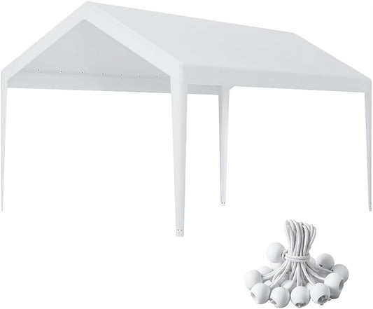 Rutile 10 x 20 FT Carport Replacement Cover, Heavy Duty Car Tarp Canopy Tent Garage Top Shelter With Fabric Leg Pole Skirts and Ball Bungees - White (Only Top Cover, Frame Not Included)