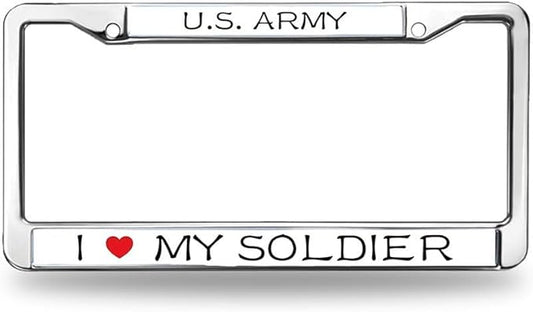 I Love My Soldier Metal Chrome Auto License Plate Cover,Proud US Army Classic Black License Plate Frame with Theft-Proof Screw Caps