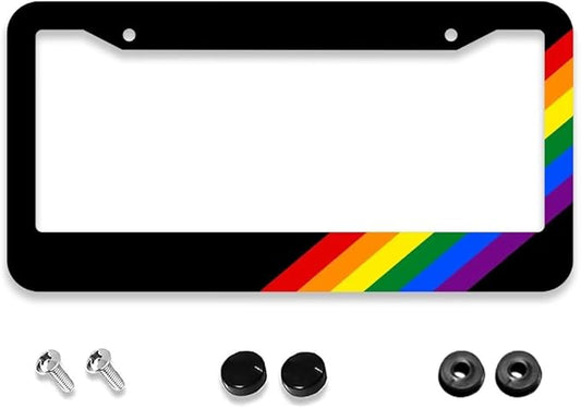 Gay Rainbow License Plate Frame - 1 Pack Personalized Aluminum Car License Plate Cover Pride LGBT License Plate Holder Universal US-Canada 2 Hole Auto Car Tag for Women/Men
