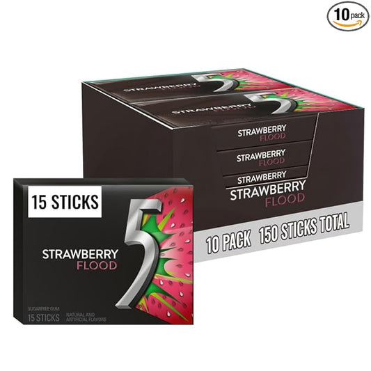 5 Gum Sour Strawberry Sugar Free Chewing Gum Bulk Pack, 15 Stick (Pack of 10)