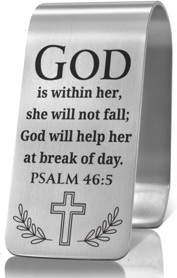 XQLZY God is Within Her She Will Not Fall Engraved Stainless Steel Car Visor Clip, Religious Travel Visor Car Accessories, Funny Safe Drive Gifts for Family Friend Driver, God Prayer Faith Gifts