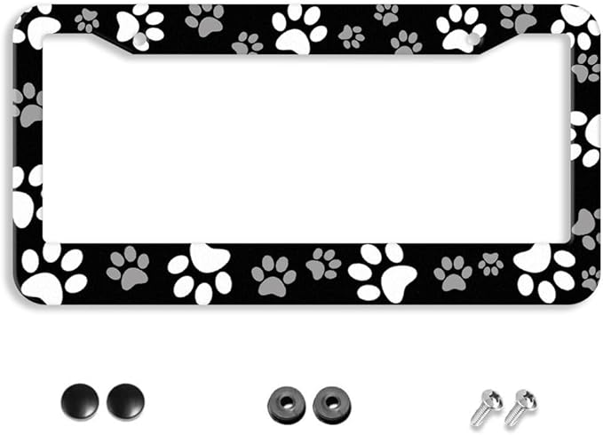 Paw Print License Plate Frame - 1 Pcs Personalized Black White Dog Paw Design License Plate Covers Aluminum Metal Novelty Auto Car Tag Holder with 2 Holes Equipped with Screws