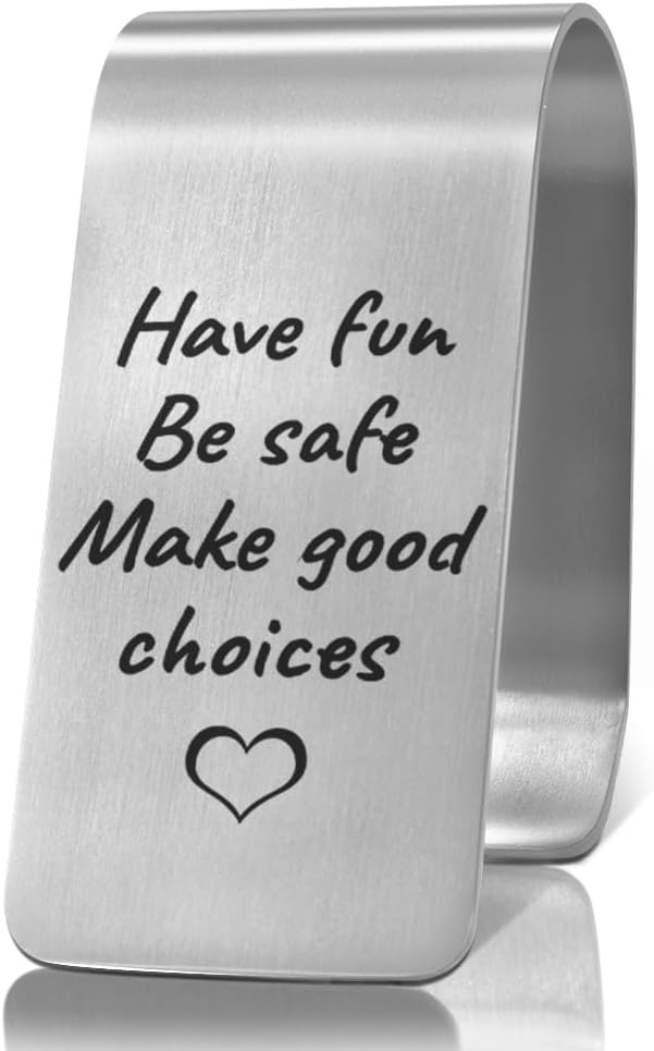 XQLZY Have Fun Be Safe Make Good Choices Engraved Stainless Steel Car Visor Clip, Funny Safe Driving Reminder Clip Gifts for Family Friend Driver, Travels Visors Car Accessories, Drive Safes Gifts