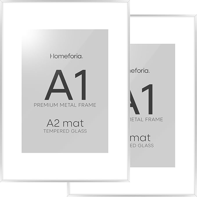 Homeforia A1 Poster Frame Silver, High End Metal A1 Large Picture Frame Silver with Mat A2 for Photo, 23.4x33.1 Frames Matted to 16.5x23.4 Print, 23.4 by 33.1 Frame, Tempered Glass, Wall Kit, Set of 2