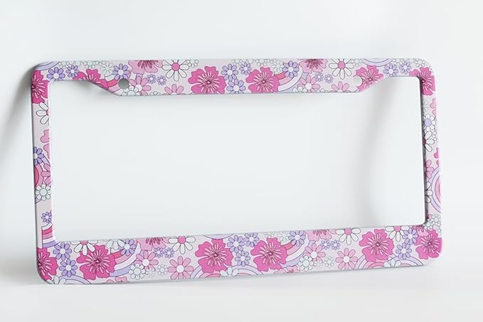 2pcs Hibiscus Rainbow Floral Flower License Plate Frame for Women,Inspirational Pink Florals car Decorative tag Frames Girly,hot Pink Hibiscus Floral Flower License Plate Cover Holder for Vehicle