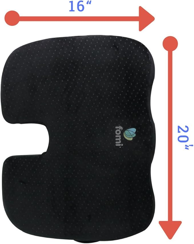 FOMI Extra Wide and Thick Firm Coccyx Seat Cushion | 20” x 16” x 3.5” | Large Black Orthopedic Memory Foam Pad for Car or Truck Seat, Office Chair, Wheelchair | Back Pain Relief