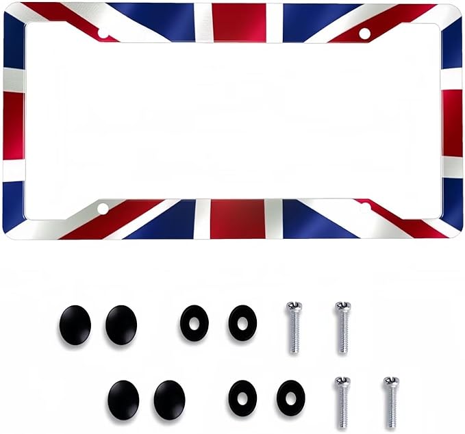 British United Kingdom Flag License Plate Frame - 1 Pack Personalized Union Jack License Plate Holder Aluminum Metal Car Tag Cover with 4 Holes Decoration for US Vehicle Standard for Women Men