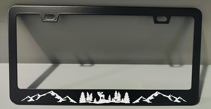 2pcs Moose Forest Mountains License Plate Frame for Women,Mountain Landscape car Decorative tag Frames Girly, Natural Forest License Plate Cover Holder for Vehicle with Double Sided car Keychain tag