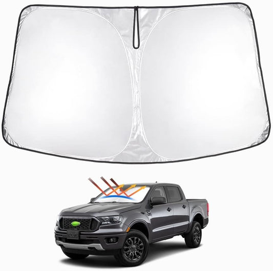 T TGBROS Windshield Sun Shade Custom Fit for 2019-2023 Ford Ranger, XL, XLT, Lariat Accessories Foldable Sun Shield Reflective Polyester Sun Visor Cover Block Heat and Sun Protection