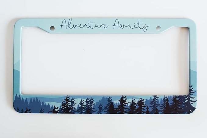 1pcs Mountain License Plate Frame for Women,Natural Pine Forest Mountain Horizon Landscape car Decorative tag Frames Girly,Blue Botanical License Plate Cover Holder for Vehicle with car Keychain tag