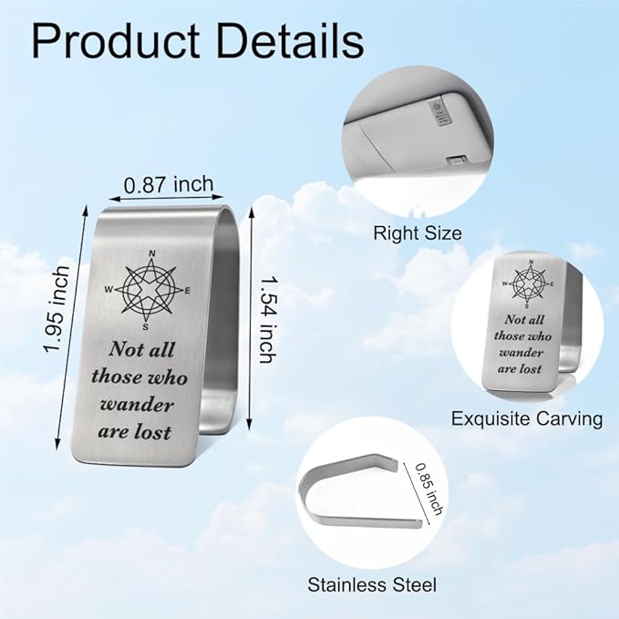 XQLZY Not All Those Who Wander are Lost Engraved Stainless Steel Car Visor Clip, Travels Visors Car Accessories, Funny Safe Driving Reminder Clip Gifts for Family Friend Driver, New Driver Gifts