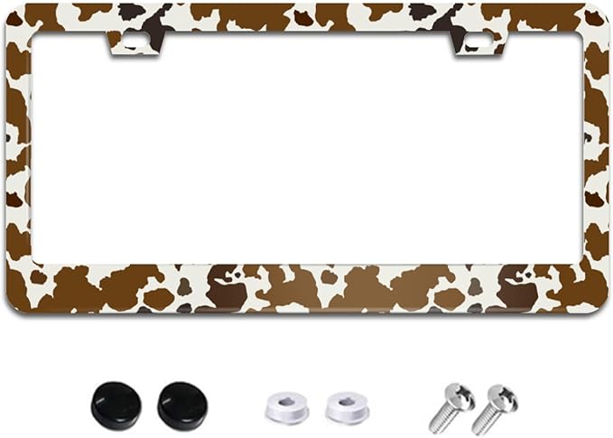Brown Cow Print License Plate Frame Funny Animal Spots License Plate Frames Aluminum Car Accessories Cover with 2 Holes and Screws 12 x 6 Inch for Front Rear Car Plate Decor for Women Men