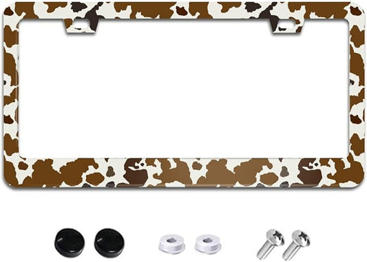Brown Cow Print License Plate Frame Funny Animal Spots License Plate Frames Aluminum Car Accessories Cover with 2 Holes and Screws 12 x 6 Inch for Front Rear Car Plate Decor for Women Men