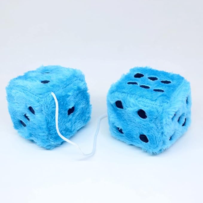 Fuzzy Plush Dice for Car Mirror, Pair of Retro 3” Light Blue Dice with Black Dots for Car Interior Hanging Ornament Decoration